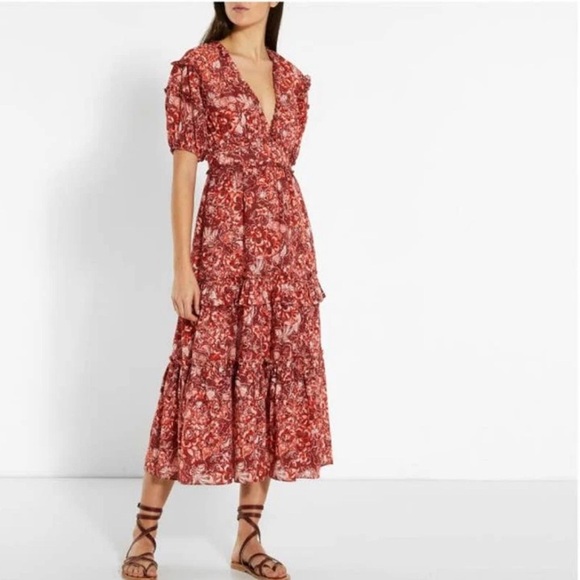 Ulla Johnson Amora Coral Floral Print Midi Dress Size 4 Ruffle Puff Sleeve - Picture 3 of 14